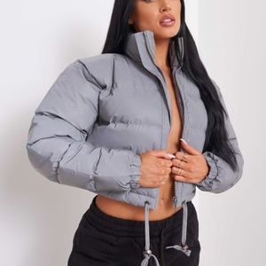 EGO Official l Grey Reflective Cropped Zip Up Puffer Jacket in Reflectiv…